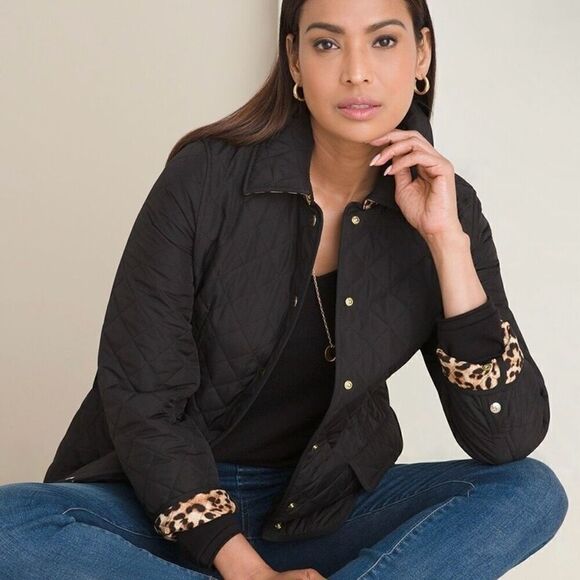 Chico's Modern Quilted Jacket Animal Print Lined Women 3 / XL Black Pockets NWT - Picture 1 of 7